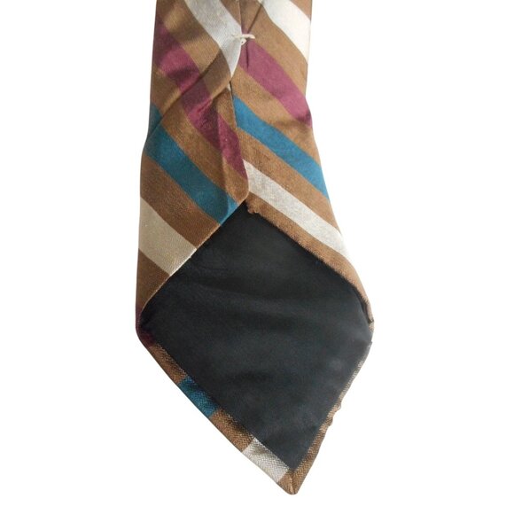 Vintage Resilio Striped Cream Brown Teal Burgundy Mens Tie Necktie Estate Find - Picture 4 of 5